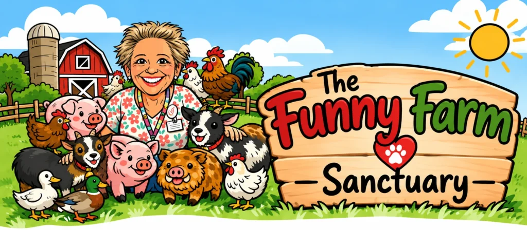 Illustration of Jenny Person with the sanctuary's pigs, goats, chickens and ducks beside a wooden sign reading The Funny Farm Sanctuary