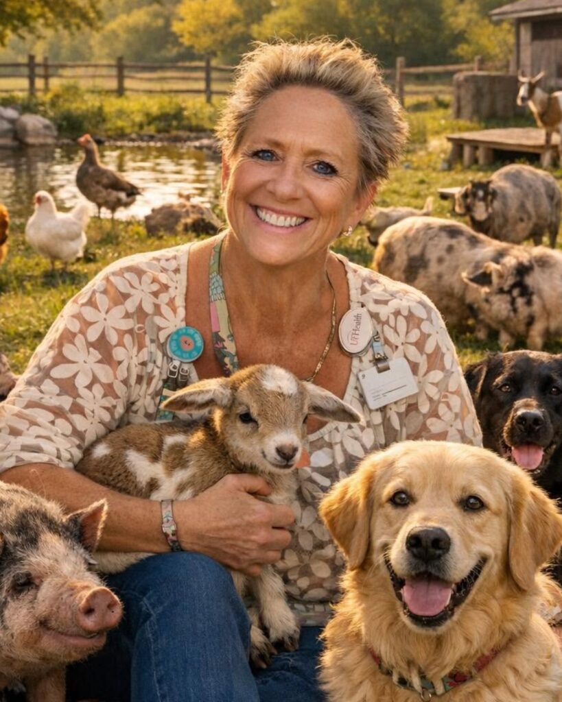 Jenny Person, founder of The Funny Farm Sanctuary, with rescued pigs, a baby goat, dogs, and chickens in Bryceville, Florida